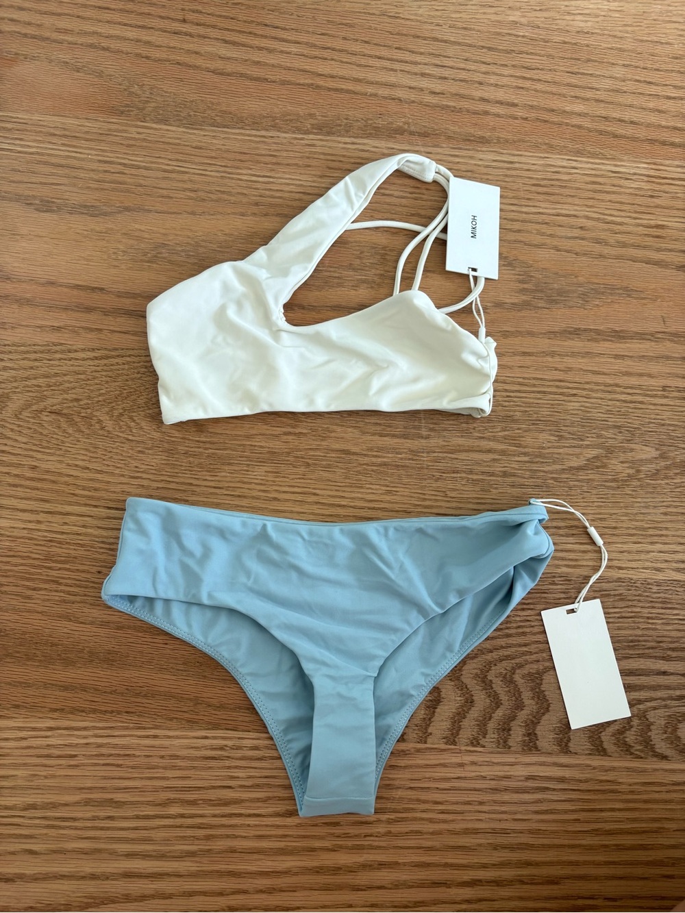 Mikoh Cream One-Shoulder Top & Light Blue Bikini Bottoms